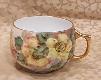 Antique Cup Mug Hand Painted Porcelain JCH Parker Yellow Roses Victorian Floral Shabby Cottage Chic