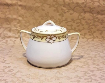 Antique Meito Nippon Sugar Bowl Hand Painted Gold Flowers Cream Band Shabby Cottage Chic