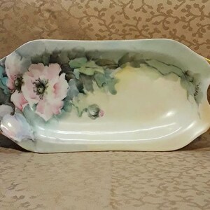 Antique Celery Dish Victorian Pink Roses Hand Painted Porcelain Signed E Collen Floral Shabby Cottage image 2