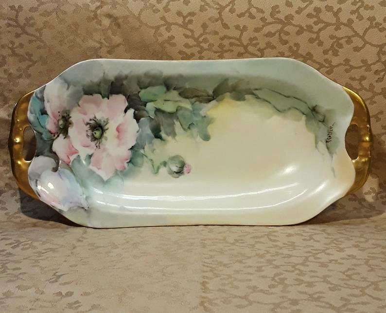 Antique Celery Dish Victorian Pink Roses Hand Painted Porcelain Signed E Collen Floral Shabby Cottage image 2