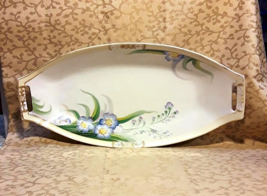 Antique Nippon Celery Dish Hand Painted Porcelain Blue Flowers Shabby