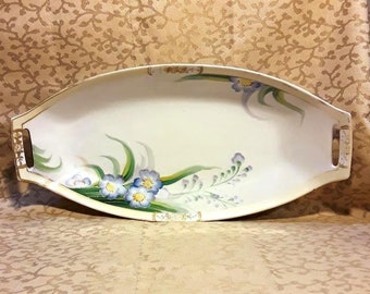 Antique Nippon Celery Dish Hand Painted Porcelain Blue Flowers Shabby Cottage Chic