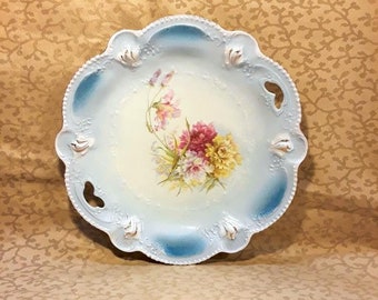 Antique RS Prussia Cake Plate MOLD 207 Pink Yellow Carnations Blue Border Victorian Shabby Cottage Chic
