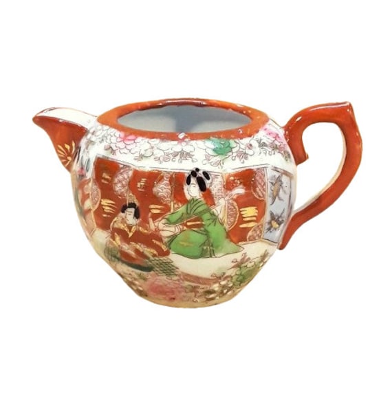 Antique Japanese Kutani Geisha Ware Creamer Red Trim Shabby 