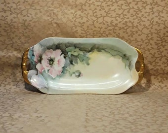 Antique Celery Dish Victorian Pink Roses Hand Painted Porcelain Signed E Collen Floral Shabby Cottage