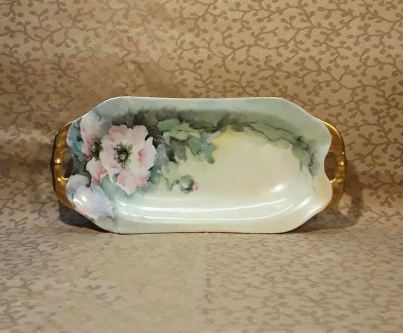 Antique Celery Dish Victorian Pink Roses Hand Painted Porcelain Signed E Collen Floral Shabby Cottage image 1