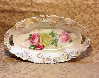 Antique Victorian Relish Dish Germany Pink Yellow Roses Floral Shabby Cottage Chic