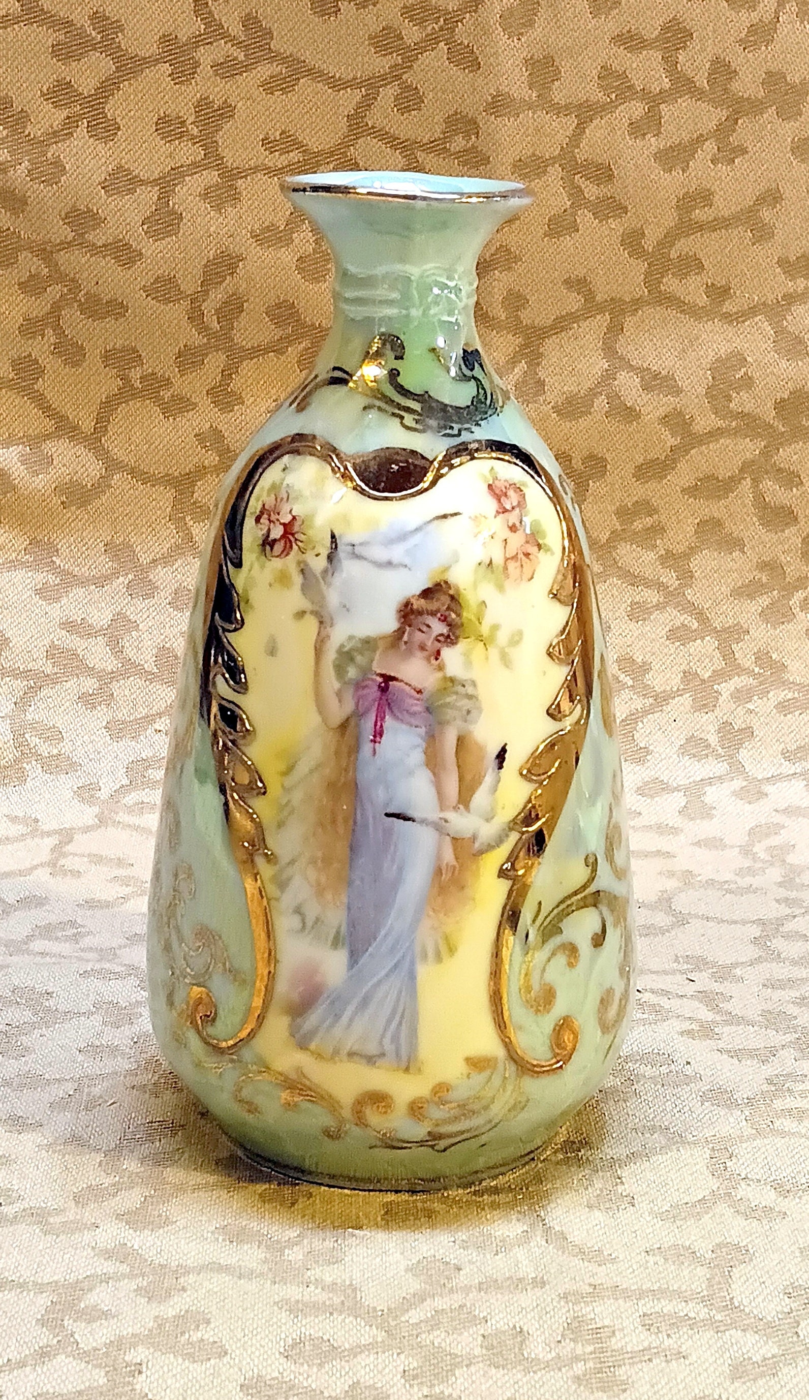 Antique Prov Saxe Mini Vase ES Germany Portrait Porcelain Green