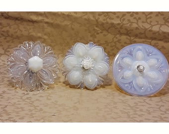 Antique Trio of Victorian Sandwich Opalescent Glass Curtain Tie Backs Lot Pewter Post Shabby Cottage