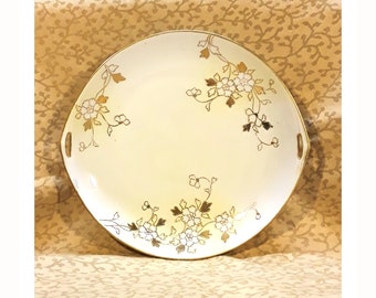 Antique Nippon Cake Plate 11" Hand Painted Gilded Cherry Blossoms Yellow Ombre Floral Shabby Cottage Chic