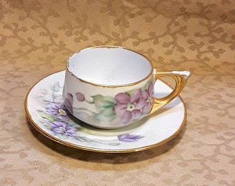 Antique Demitasse Cup and Saucer Hand Painted Porcelain Purple Violets Victorian Shabby Cottage