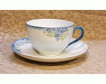 Antique MZ Austria Hand Painted Cup and Saucer Blue Forget Me Nots Porcelain Victorian Shabby Cottage