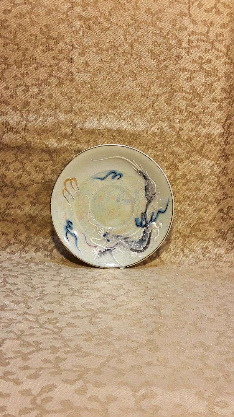 Antique Betsons Dragonware Demitasse Saucer 5 1930s Opalescent Lustre Moriage Dragon Blue Eyes Shabby Cottage Chic image 2