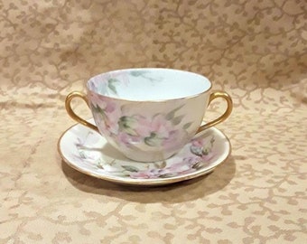 Antique Victorian Cream Soup and Saucer Set Hand Painted Signed N Thacken Shabby Cottage Chic