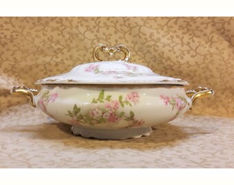 Antique Old Abbey Limoges Round Covered Vegetable Dish Porcelain Victorian Pink Flowers Shabby Cottage