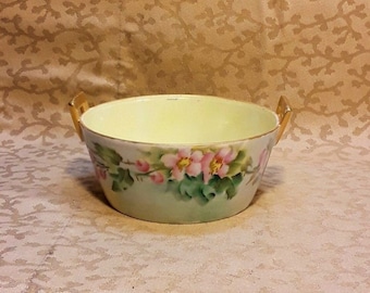 Antique Butter Dish Tub Hand Painted Porcelain Pink Roses Bryan Victorian Floral Shabby Cottage Chic