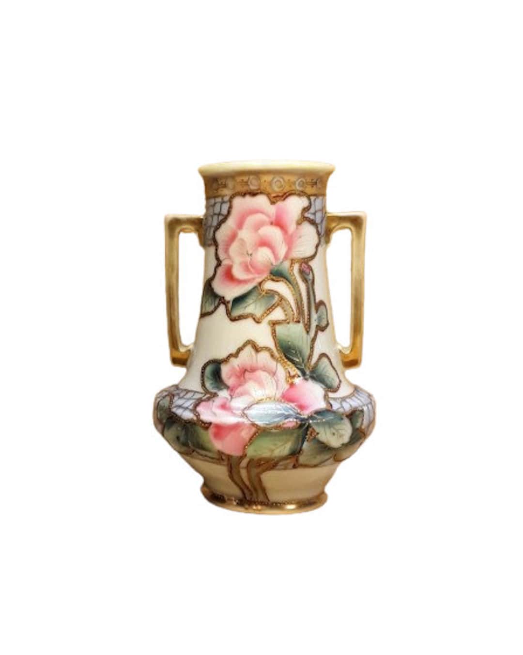 Antique Nippon Vase With Handles Hand Painted Floral Victorian