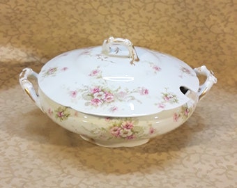 Antique Haviland Limoges Soup Tureen Porcelain Victorian Pink Roses Shabby Cottage