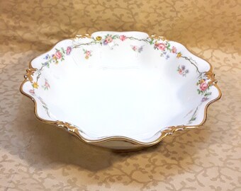 Antique GDA Limoges Bowl 9.5" Diameter Victorian Pink Roses Shabby Cottage Chic