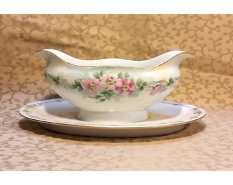 Antique Haviland Limoges Gravy Boat Hand Painted Pink Roses Victorian Shabby Cottage MPD