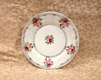 Antique Nippon Plate 6.25" Porcelain Hand Painted Pink Roses Victorian Shabby Cottage Chic