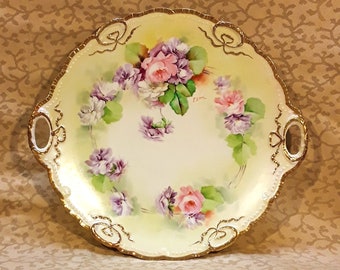 Antique Ginori Milan Studio Cake Plate Pink Roses Purple Hand Painted Victorian Shabby Cottage