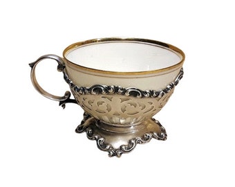 Antique Single Lenox Demitasse Cup Ceramic Art Company and Sterling Silver Holder 1900 American Belleek Wilcox & Wagoner
