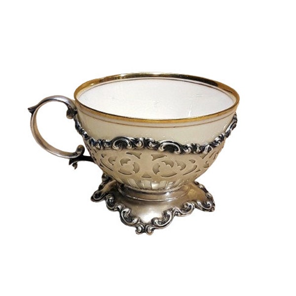 Antique Single Lenox Demitasse Cup Ceramic Art Company and Sterling Silver Holder 1900 American Belleek Wilcox & Wagoner