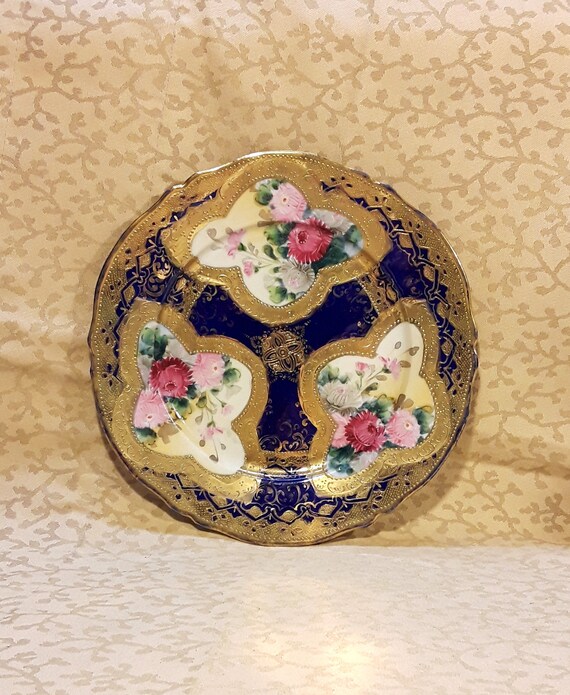 Antique Nippon Plate, Hand-painted Roses, Gilded Cobalt, 8.5