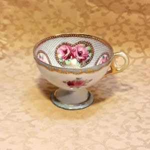 Antique Nippon Demitasse Cup Hand Painted Heavily Gilded Moriage Dots Pink Roses Victorian Shabby Cottage image 1