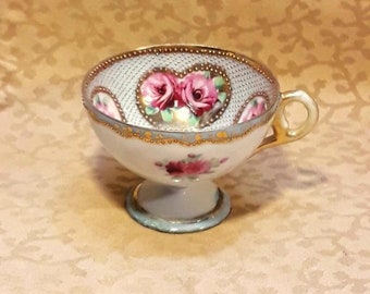 Antique Nippon Demitasse Cup Hand Painted Heavily Gilded Moriage Dots Pink Roses Victorian Shabby Cottage