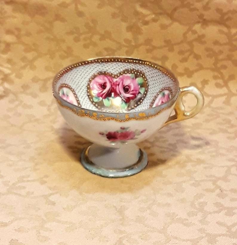 Antique Nippon Demitasse Cup Hand Painted Heavily Gilded Moriage Dots Pink Roses Victorian Shabby Cottage image 1