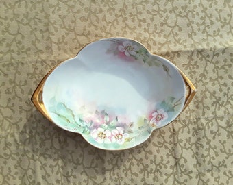 Antique Victorian Hand Painted Porcelain Floral Fruit Bon Bon Bowl Signed Wheaton Pink Wild Roses Shabby Cottage Chic