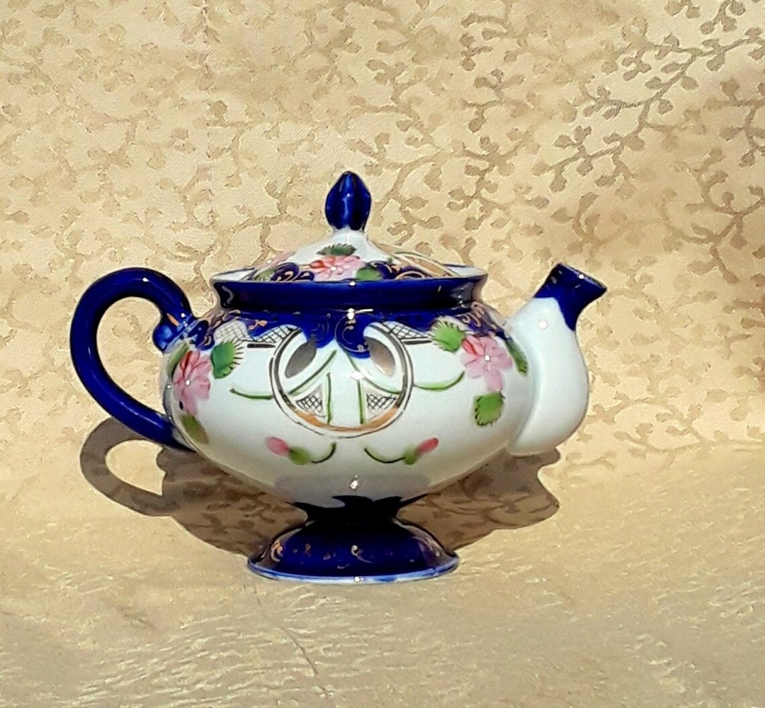 Antique Nippon Teapot Tea Pot Cobalt Trim Pink Flowers Hand Painted