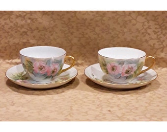 Antique Cup and Saucer Set Hand Painted Porcelain Floral Shabby Cottage Chic
