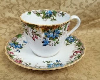 Vintage Spode Eloise Tea Cup and Saucer 7863 Pattern Blue Pink Flowers Shabby Cottage