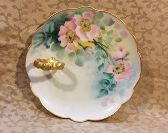 Antique Limoges Lemon Tray Hand Painted Porcelain Dish Floral Victorian Pink Roses Shabby Cottage Chic