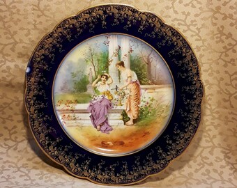 Antique M Redon Limoges Portrait Plate 9.5" Porcelain Cobalt Border Victorian Shabby Cottage Chic