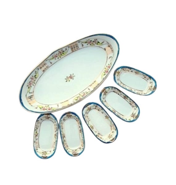 Antique Nippon Celery Dish and Salt Dips Set Hand Painted