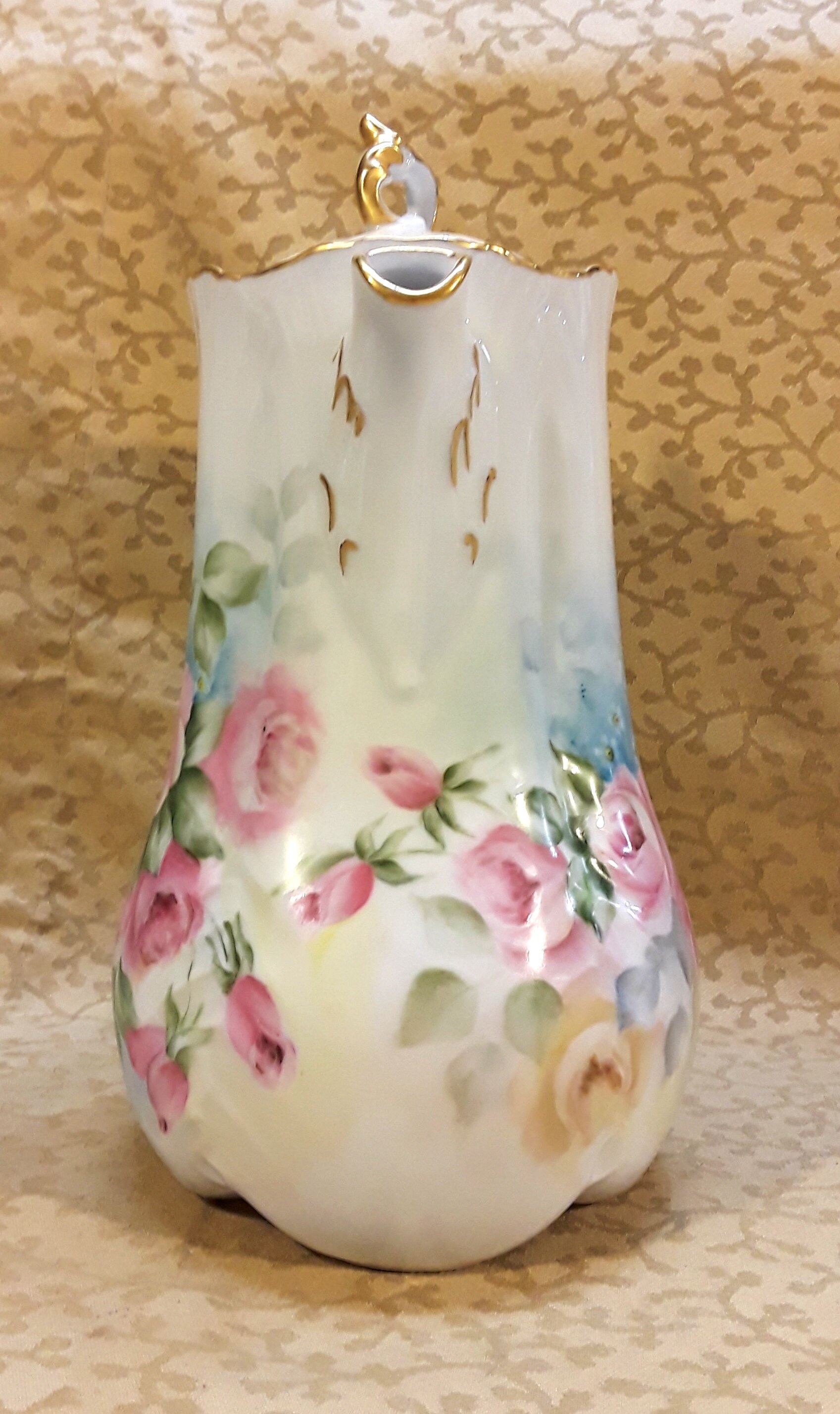 Vintage Chocolate Pot Hand Painted Pink Roses Signed