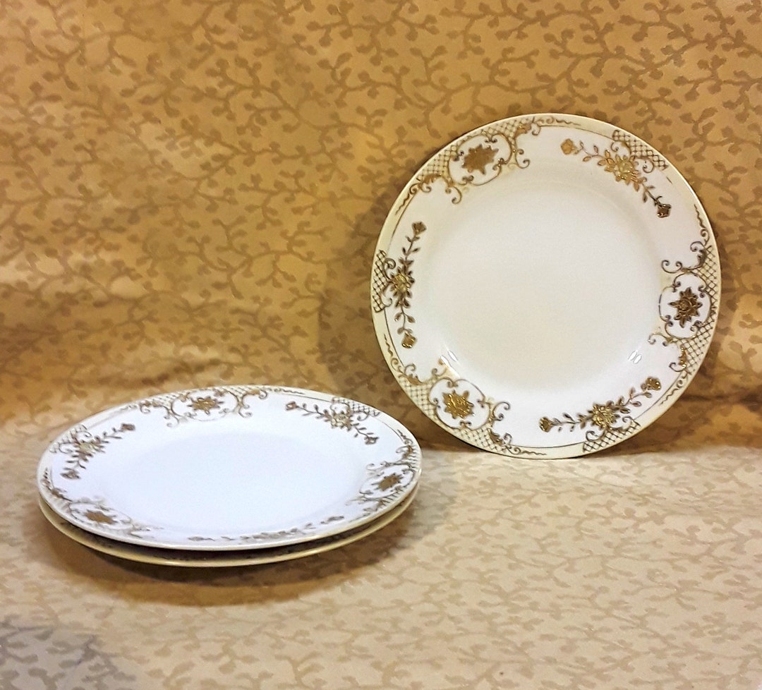 Antique Set of Three Noritake Dessert Plates 8 Gold Encrustation Floral
