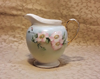 Vintage Creamer Hand Painted Pink Roses 1965 Signed Porcelain Shabby Cottage