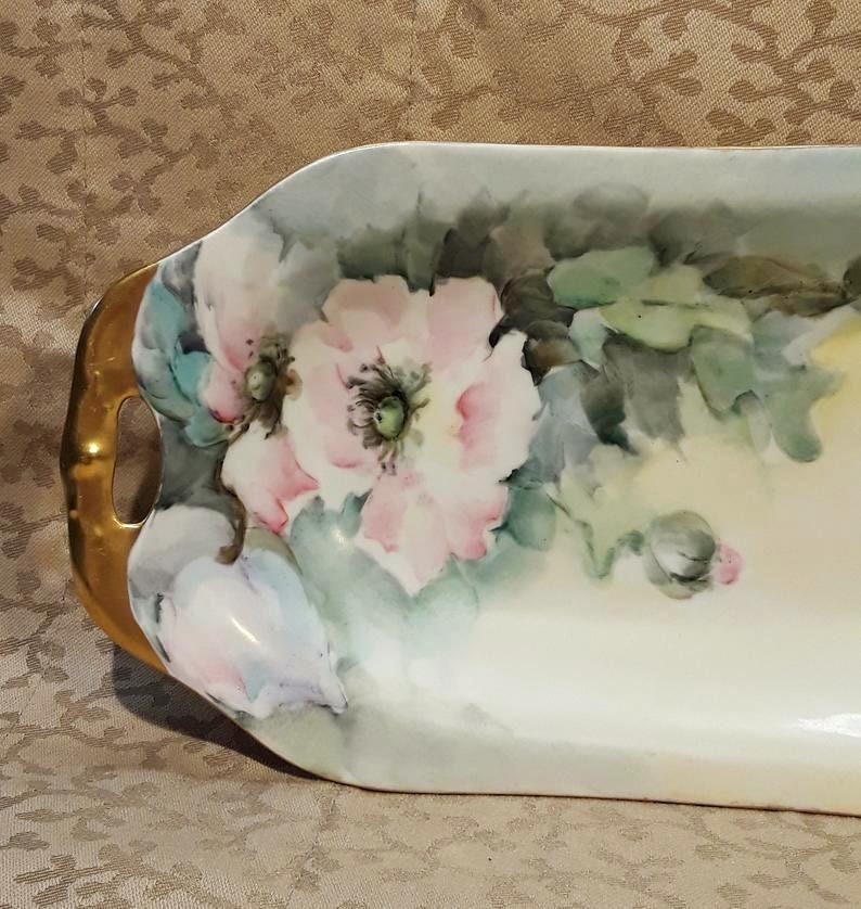 Antique Celery Dish Victorian Pink Roses Hand Painted Porcelain Signed E Collen Floral Shabby Cottage image 3