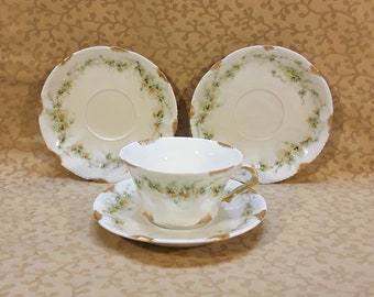 Antique Haviland Limoges Single Tea Cup and Two Saucers Yellow Flowers Victorian Shabby Cottage