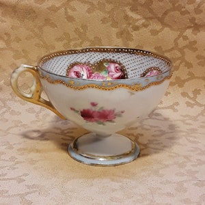 Antique Nippon Demitasse Cup Hand Painted Heavily Gilded Moriage Dots Pink Roses Victorian Shabby Cottage image 6