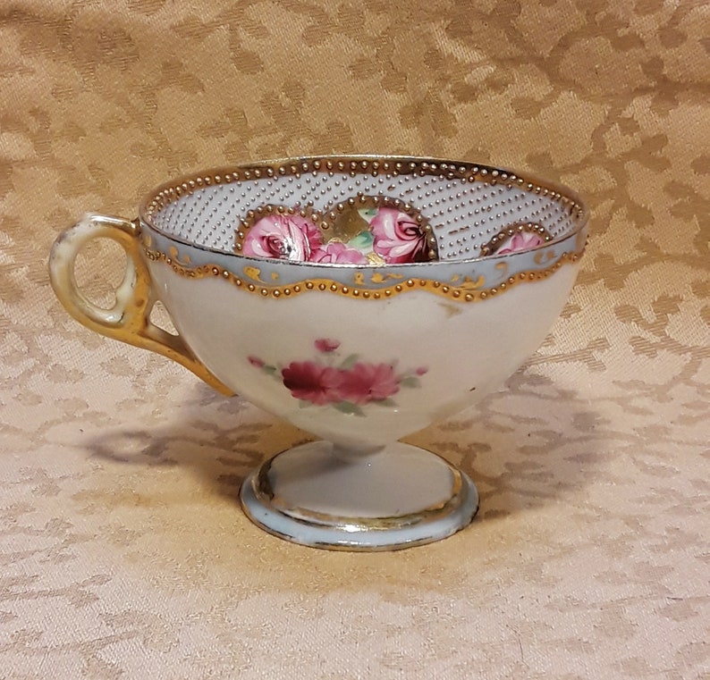 Antique Nippon Demitasse Cup Hand Painted Heavily Gilded Moriage Dots Pink Roses Victorian Shabby Cottage image 6