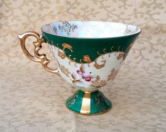 Vintage 1950s Royal Sealy Japan Green Trim Pedestal Tea Cup Iridescent Lustre