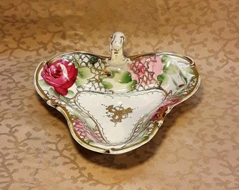 Antique Nippon Nappy Dish Bowl Hand Painted Pink Roses Porcelain French Country Shabby Victorian Cottage Chic