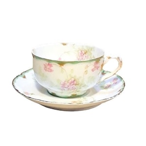May include: A white teacup and saucer with a floral pattern in shades of pink, green, and gold. The cup has a delicate handle and the saucer has a scalloped edge.