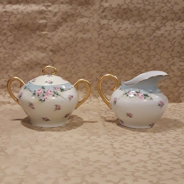 Antique CT Altwasser Handpainted Porcelain Creamer and Sugar Set Signed Tullis Pink Roses Shabby Cottage